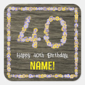 40歳の誕生日：フローラ番号フェイク、木目、名前 スクエアシール (正面)