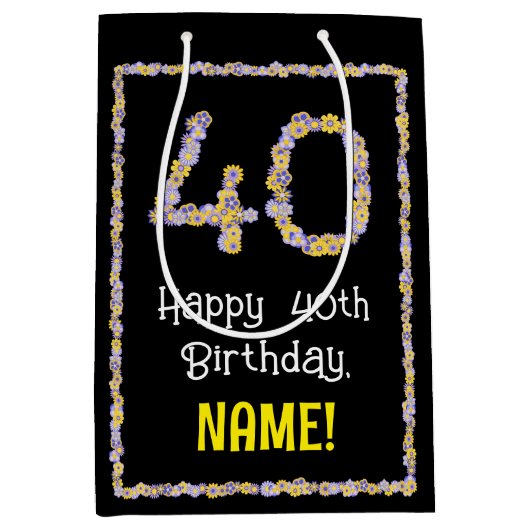 40歳の誕生日：フローラ花数，名前をカスタムする ミディアムペーパーバッグ (正面)