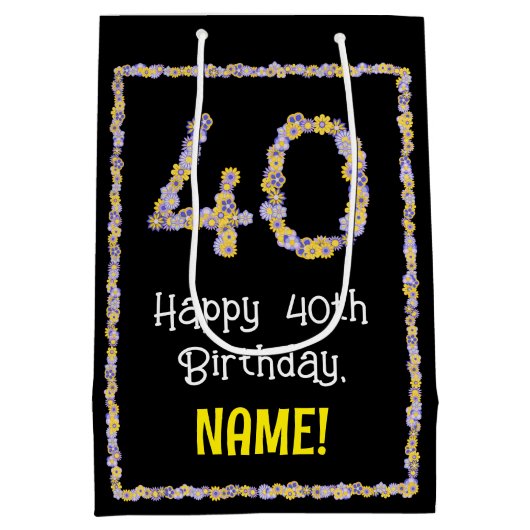 40歳の誕生日：フローラ花数，名前をカスタムする ミディアムペーパーバッグ (裏面)