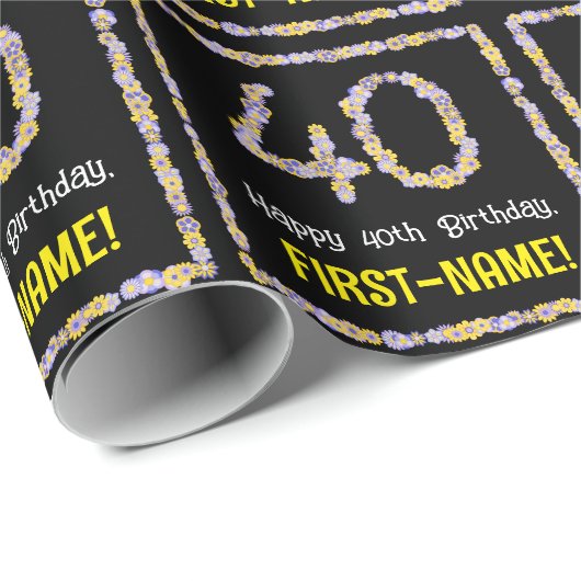 40歳の誕生日:フローラ花数,名前をカスタムする ラッピングペーパー (ロールコーナー)