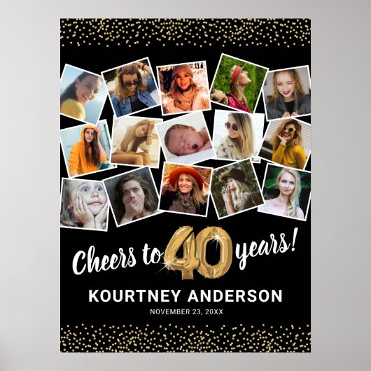 40歳の誕生日 ブラックゴールド 写真パーティー ポスター (正面)