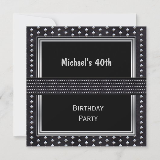 40歳の誕生日 ブラックシルバーのスタッズ 招待状 (正面)