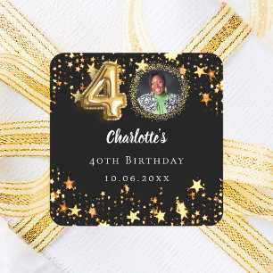40歳の誕生日 ブラック ゴールド スターズ フォト スクエアシール