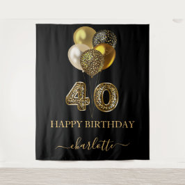 40歳の誕生日 ブラック ゴールド レオパード柄の風船 タペストリー