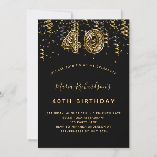40歳の誕生日 ブラック ゴールド レオパード柄 招待状 (正面)