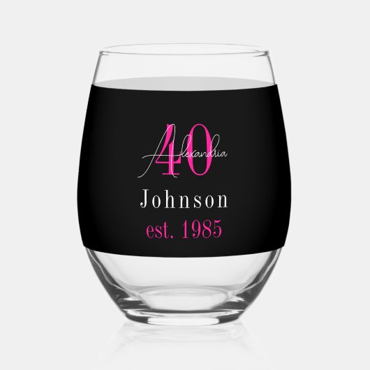 40歳の誕生日 ブラック+ホットピンク ステムなしワイングラス (正面)