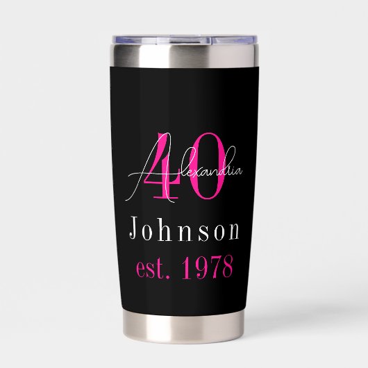 40歳の誕生日 ブラック+ホットピンク 名前入り 保温保冷タンブラー (正面)