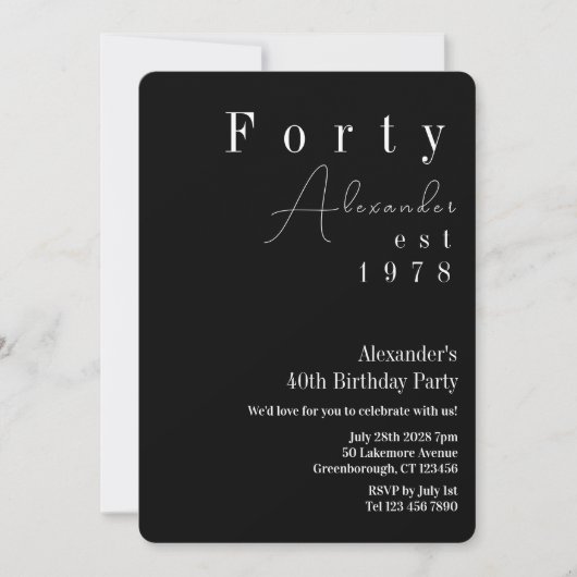 40歳の誕生日 ブラック&ホワイトパーティー 招待状 (正面)