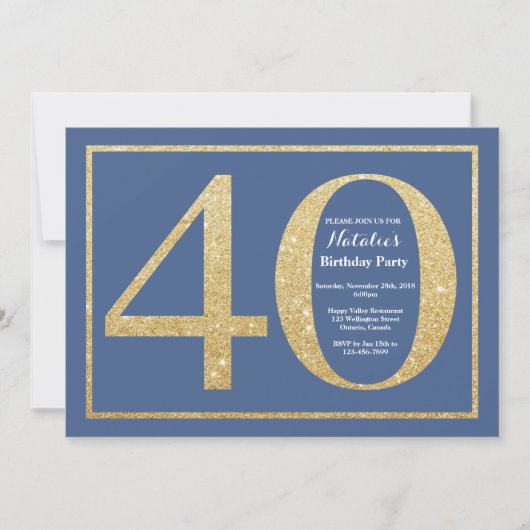 40歳の誕生日 ブルーとゴールドの輝き 招待状 (正面)