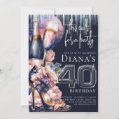 40歳の誕生日 ブルー ピンク ヒール Champagne 招待状 (正面)