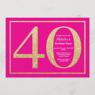 40歳の誕生日 ホットピンクとゴールドのグリッター 招待状
