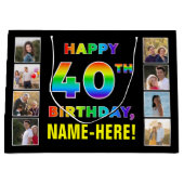 40歳の誕生日：レインボー文字カスタム、写真&名前 ラージペーパーバッグ (正面)