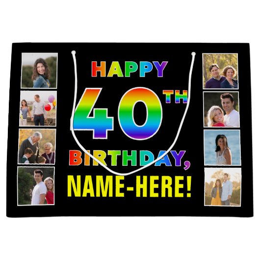 40歳の誕生日：レインボー文字カスタム、写真&名前 ラージペーパーバッグ (正面)