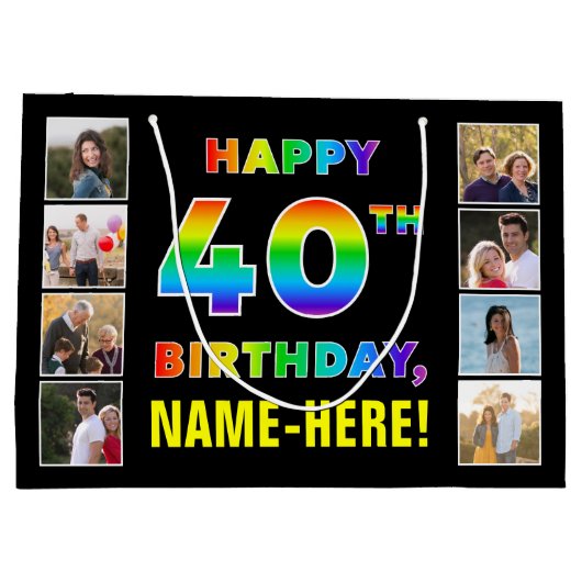40歳の誕生日:レインボー文字カスタム、写真&名前 ラージペーパーバッグ (裏面)