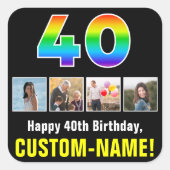 40歳の誕生日:レインボー「40」、写真カスタムと名前 スクエアシール (正面)