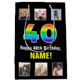 40歳の誕生日：レインボー「40」、写真カスタムと名前 ミディアムペーパーバッグ (正面)