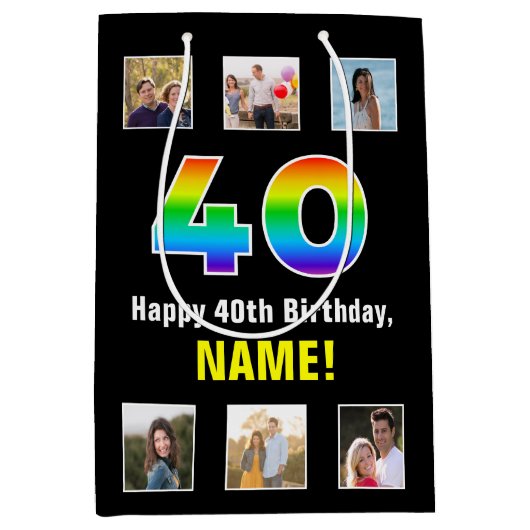 40歳の誕生日：レインボー「40」、写真カスタムと名前 ミディアムペーパーバッグ (正面)