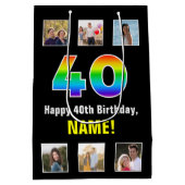40歳の誕生日：レインボー「40」、写真カスタムと名前 ミディアムペーパーバッグ (裏面)