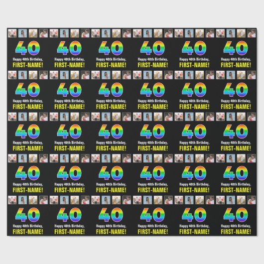 40歳の誕生日:レインボー「40」、写真カスタムと名前 ラッピングペーパー (シーム)