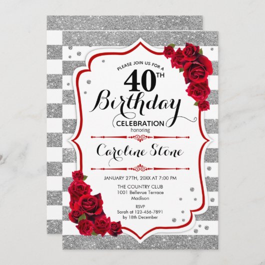 40歳の誕生日 – レッドシルバーホワイトストライプバラ 招待状 (正面/裏面)