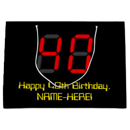 40歳の誕生日：レッドデジタル時計スタイル「40」 +名前 ラージペーパーバッグ