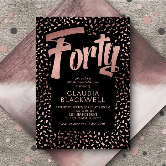 40歳の誕生日 ローズゴールドのコンフェッティ 招待状