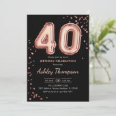 40歳の誕生日 - ローズゴールドの風船 ブラック 招待状 (スタンド正面)