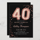 40歳の誕生日 - ローズゴールドの風船 ブラック 招待状 (正面/裏面)