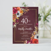 40歳の誕生日 ワインレッドの秋の花 エレガントな書体 招待状 (スタンド正面)