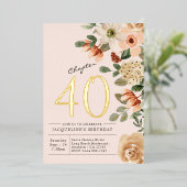 40歳の誕生日 ヴィンテージ フラワー ピーチ チャプター40 箔招待状 (立ち正面)