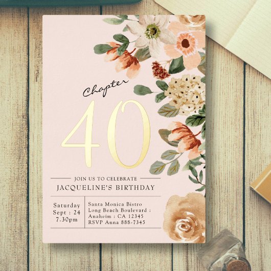 40歳の誕生日 ヴィンテージ フラワー ピーチ チャプター40 箔招待状