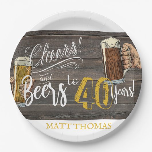 40歳の誕生日、乾杯とビールのパーティー装飾 ペーパープレート (正面)
