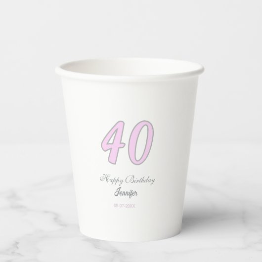 40歳の誕生日 名前 日付 年 ピンク グレー パステル 紙コップ (正面)