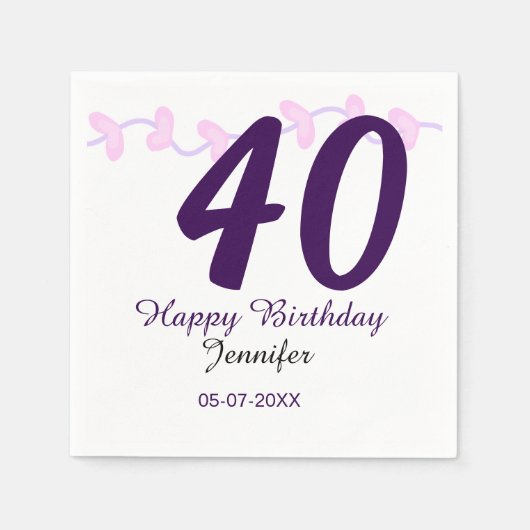 40歳の誕生日 名前 日付 年 紫の花 ピンバッジ スタンダードカクテルナプキン (正面)