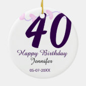 40歳の誕生日 名前 日付 年 紫の花 ピンバッジ セラミックオーナメント (裏面)