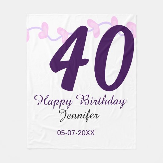 40歳の誕生日 名前 日付 年 紫の花 ピンバッジ フリースブランケット (正面)