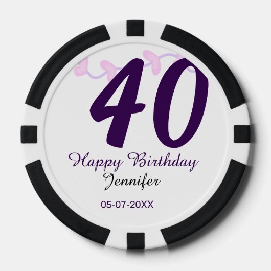 40歳の誕生日 名前 日付 年 紫の花 ピン ポーカーチップ (正面)