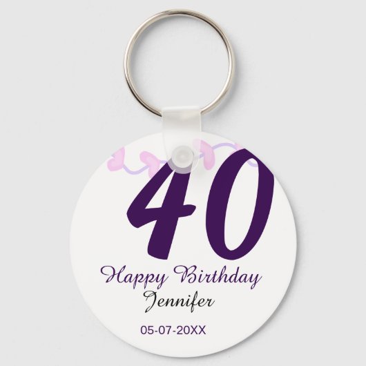 40歳の誕生日 名前 日付 年 紫色の花 ピン キーホルダー (正面)