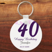 40歳の誕生日 名前 日付 年 紫色の花 ピン キーホルダー (正面)