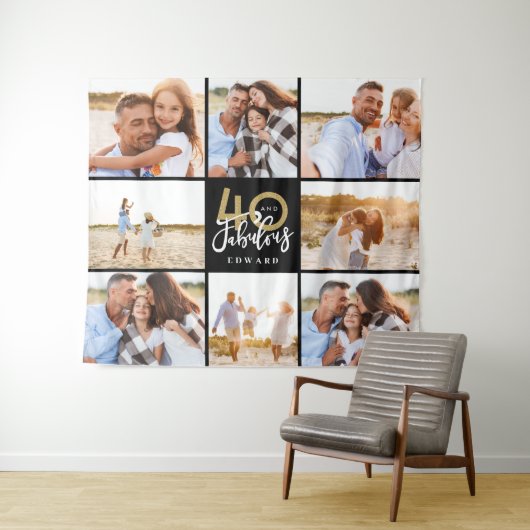 40歳の誕生日 現代的な黒と金の写真コラージュ タペストリー (インサイチュ(横))