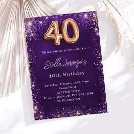 40歳の誕生日 紫のバラのゴールドの輝き 招待状