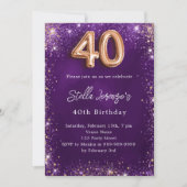 40歳の誕生日 紫のバラのゴールドの輝き 招待状 (正面)