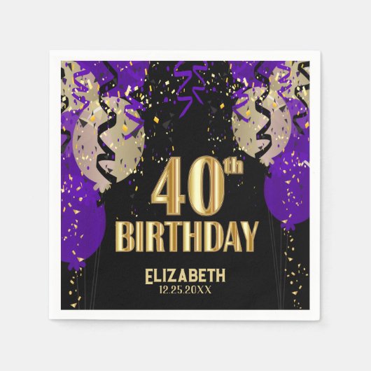 40歳の誕生日 – 紫の風船 スタンダードカクテルナプキン (正面)