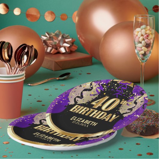 40歳の誕生日 – 紫の風船 ペーパープレート (複数)