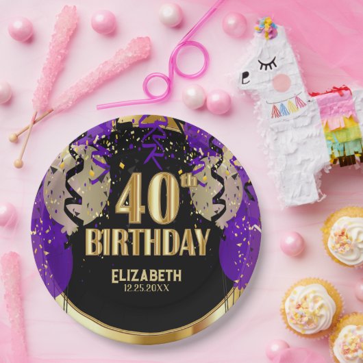 40歳の誕生日 – 紫の風船 ペーパープレート (パーティー)