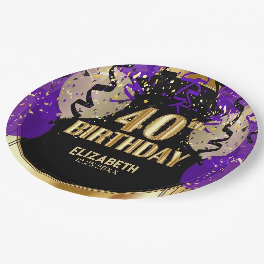 40歳の誕生日 – 紫の風船 ペーパープレート (アングル)