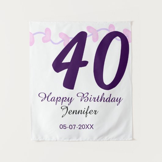 40歳の誕生日 紫色の花のピンに名前と日付と年を追加 タペストリー (正面)