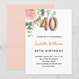 40歳の誕生日 花のローズゴールド ユーカリのグリーン 招待状