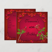 40歳の誕生日 赤いバラの花のエレガントな招待状 招待状 (正面/裏面)