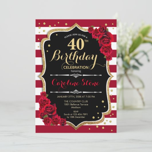 40歳の誕生日 – 赤い金ゴールド白黒ストライプバラ 招待状 (スタンド正面)